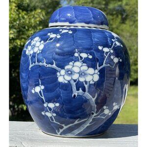 Antique Chinese 19th - 20th C. Porcelain Blue Prunus Hawthorn Ginger Jar